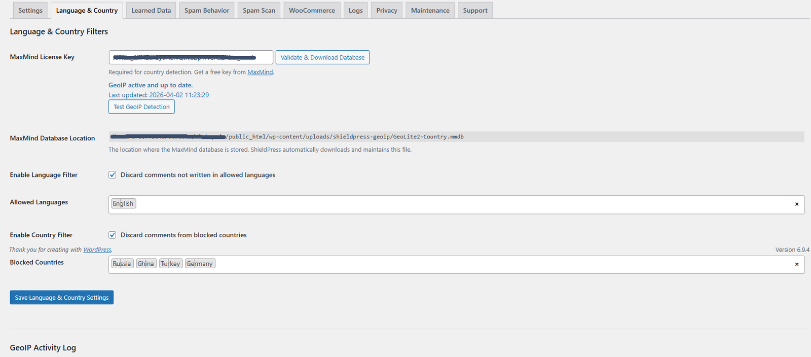 ShieldPress Language & country filters