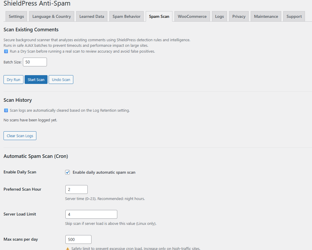 ShieldPress Spam Scan Tab