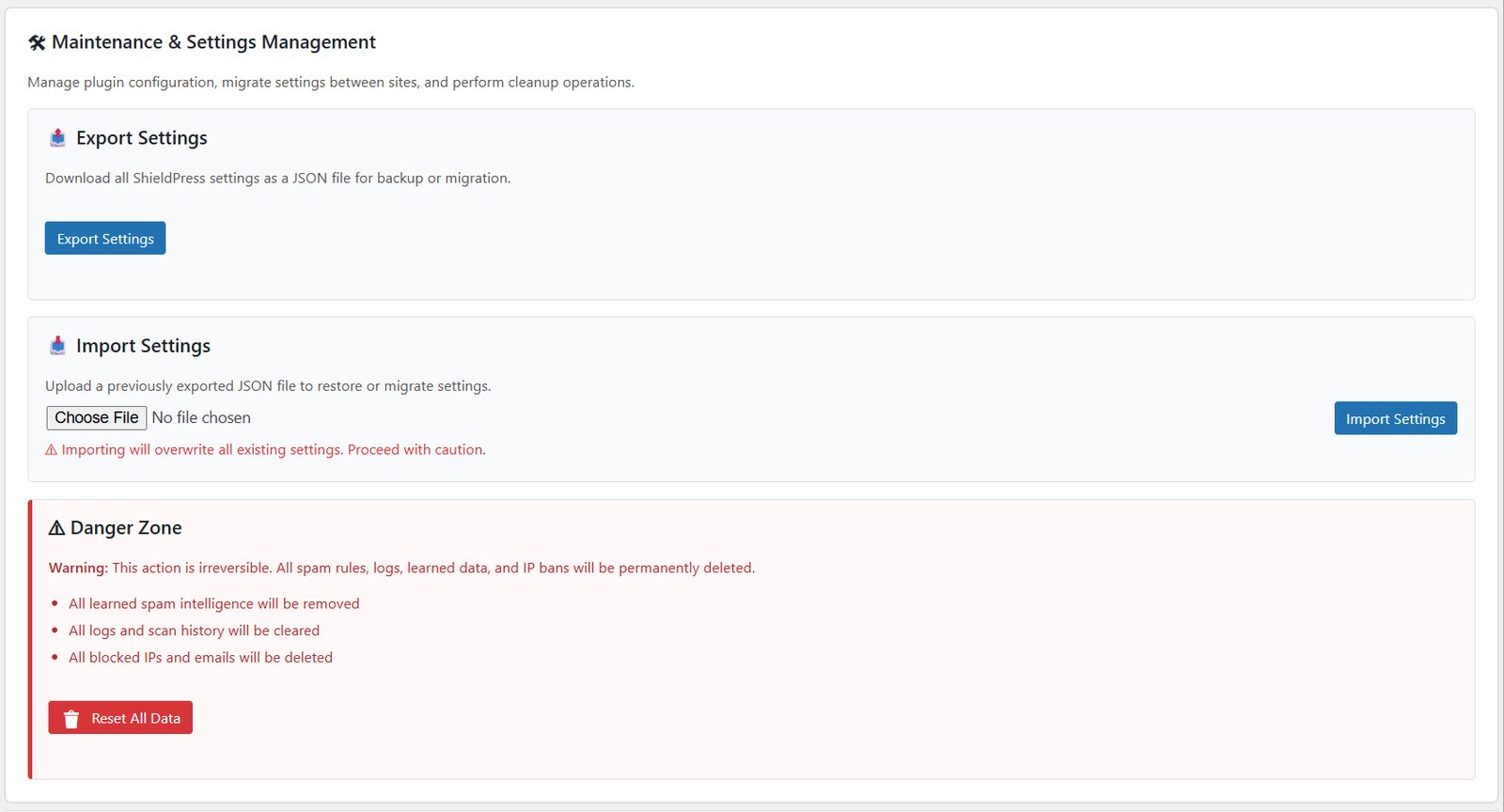 ShieldPress Maintenance Settings