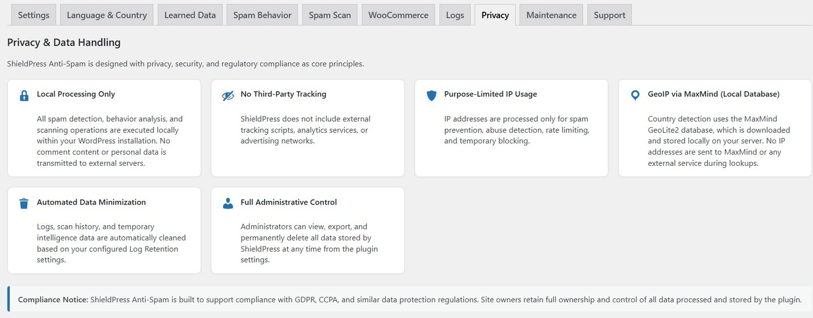 ShieldPress Privacy tab